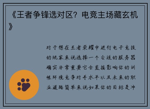《王者争锋选对区？电竞主场藏玄机》